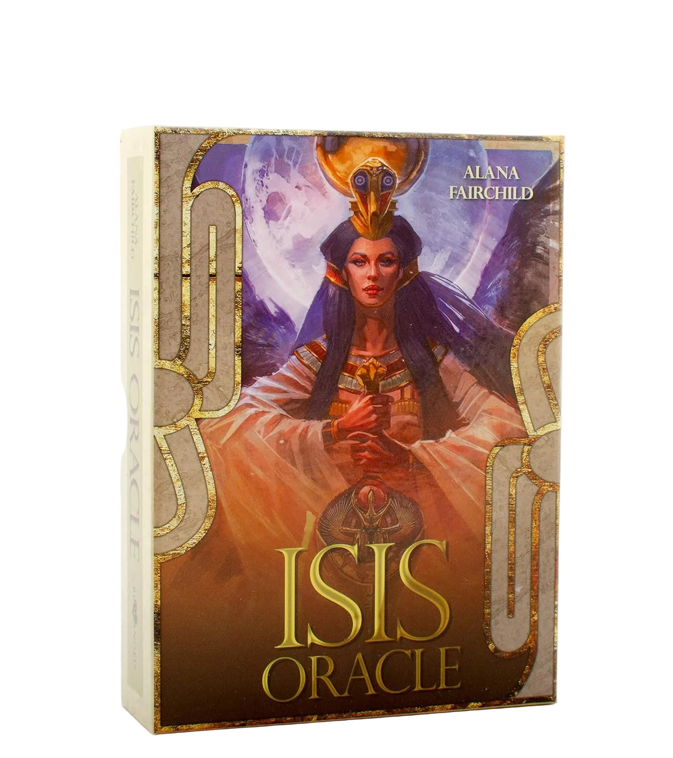Isis Oracle card deck packaging with a woman in regal attire on a white background
