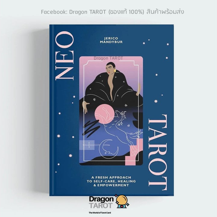 A book or booklet titled 'NEO TAROT' by Emmo Handtkeus, shown standing upright against a light gray background. The cover is dark blue with white text and a central pink and black tarot card illustration.
