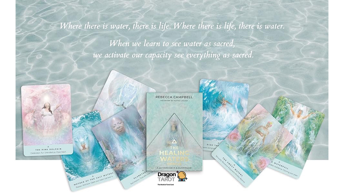 A set of illustrated oracle or tarot cards fanned out on a water-textured background, with the center card showing the book cover 'Healing Wounds' by Rebecca Camwell. The cards feature pastel watercolor artwork in blue, pink, and green tones, with inspirational text overlaid at the top.