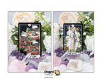 Two rectangular tarot card prints displayed side by side on a white background, surrounded by decorative flowers and crystal stones. The left print shows a dark tarot card with the text 'I AM' and an illustration of a seated figure; the right print shows a light tarot card with the text 'I AM' and an illustration of a woman in a flowing dress.