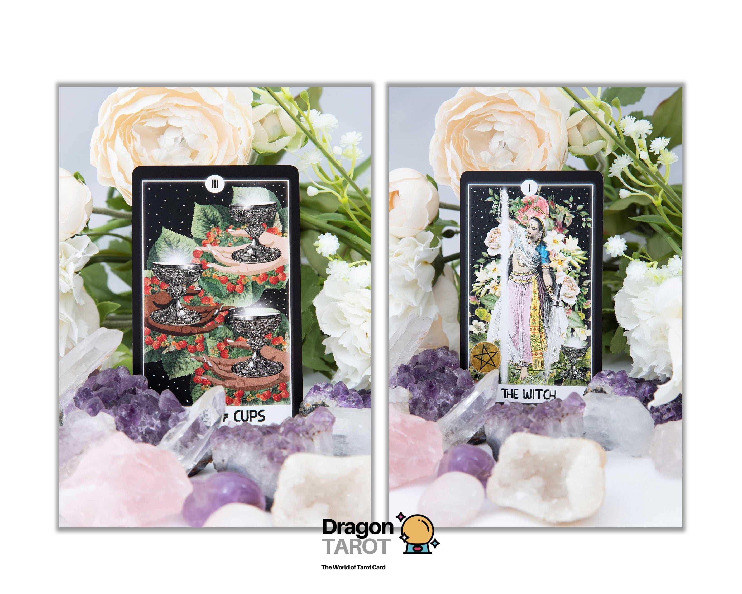 Two rectangular tarot card prints displayed side by side on a white background, surrounded by decorative flowers and crystal stones. The left print shows a dark tarot card with the text 'I AM' and an illustration of a seated figure; the right print shows a light tarot card with the text 'I AM' and an illustration of a woman in a flowing dress.