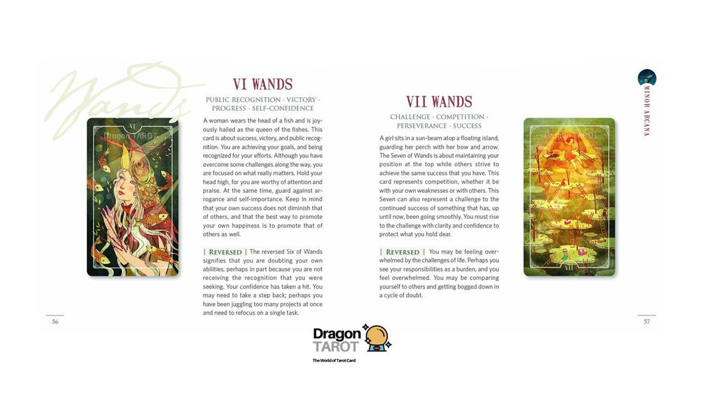 A printed page from a Dragon Tarot deck booklet or card guide, featuring English text columns, illustrated card backs, and a small Dragon Tarot logo at the bottom.