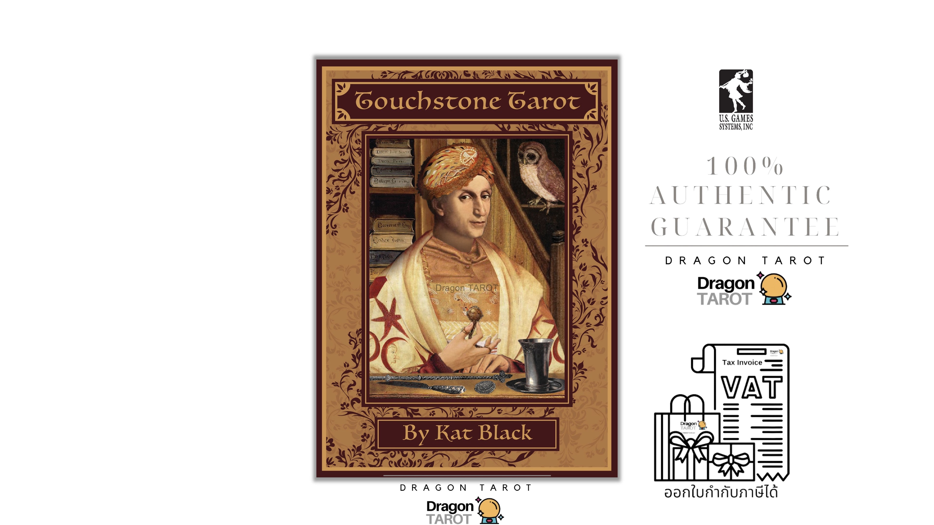 Touchstone Tarot card deck box cover by Kar Black, shown on a white background alongside Dragon Tarot branding, a 100% authentic guarantee badge, and a VAT receipt illustration.