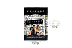 Dragon Tarot Friends playing cards deck box cover shown on a white background with promotional text and logos. The box features the Friends movie cast on a black background with white illustrated line art.