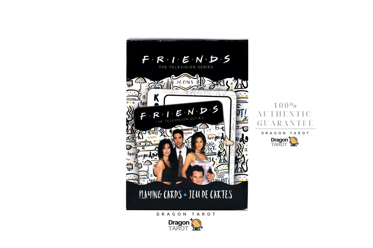 Dragon Tarot Friends playing cards deck box cover shown on a white background with promotional text and logos. The box features the Friends movie cast on a black background with white illustrated line art.
