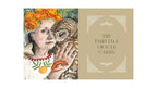 The Fairytale Oracle Cards deck box cover, featuring a painted illustration of an elderly woman holding a brown owl with orange flowers and a red lobster, next to a beige panel with decorative corner flourishes and the title text.