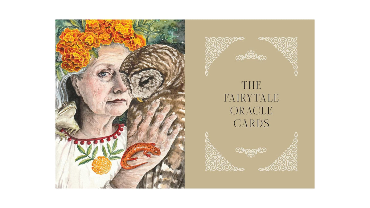 The Fairytale Oracle Cards deck box cover, featuring a painted illustration of an elderly woman holding a brown owl with orange flowers and a red lobster, next to a beige panel with decorative corner flourishes and the title text.