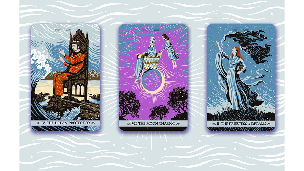 Three illustrated tarot-style cards are shown side by side on a pale blue patterned background. The left card depicts a seated figure in orange on a throne with waves and the text 'IX.