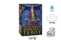 Dragon Tarot 'Wanderer's Tarot' box shown on a white background with promotional text and logos. The box features an illustrated figure in a purple robe meditating under a blue curtain with gold stars.