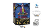 Dragon Tarot 'Wanderer's Tarot' box shown on a white background with promotional text and logos. The box features an illustrated figure in a purple robe meditating under a blue curtain with gold stars.