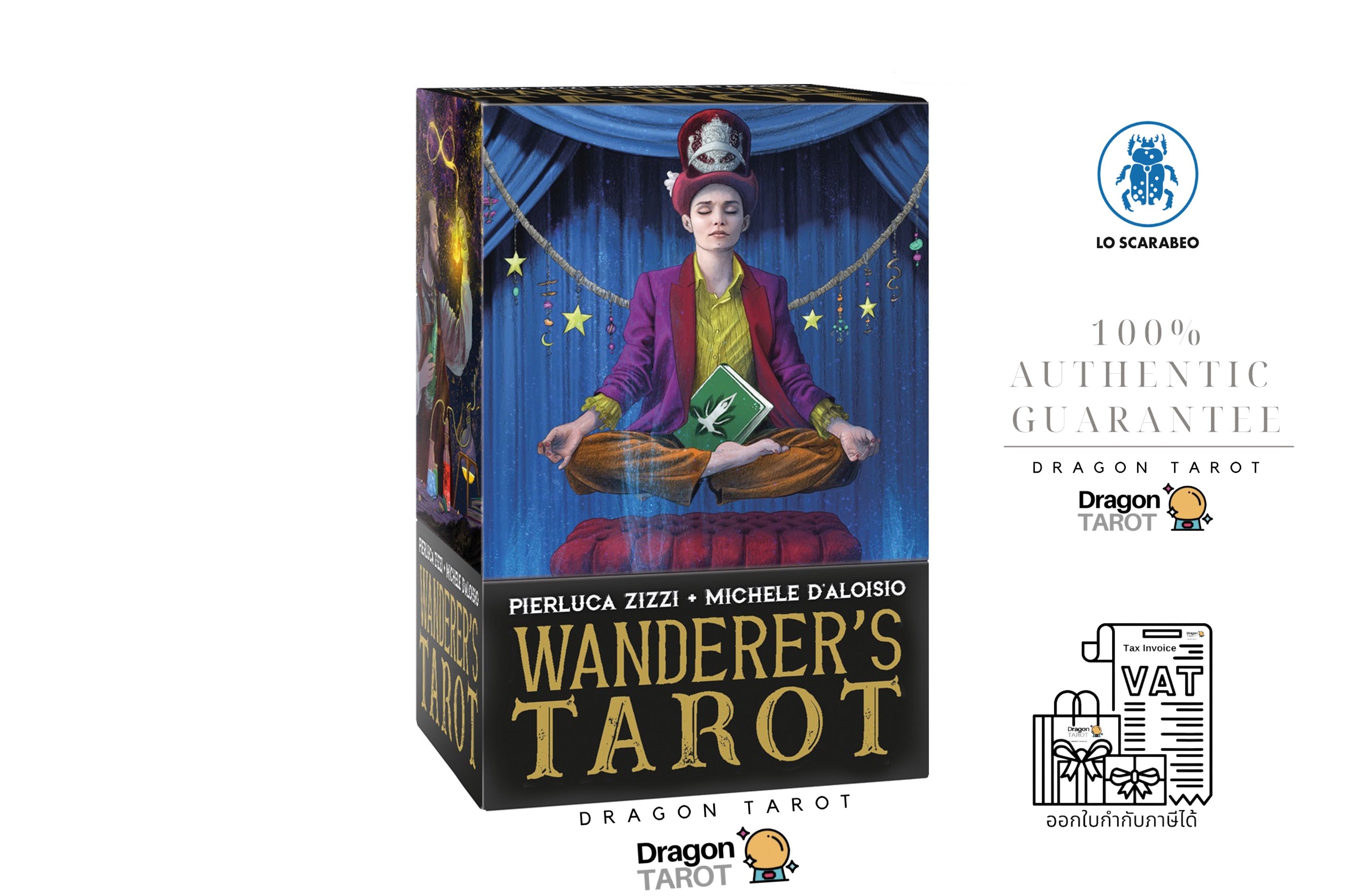 Dragon Tarot 'Wanderer's Tarot' box shown on a white background with promotional text and logos. The box features an illustrated figure in a purple robe meditating under a blue curtain with gold stars.