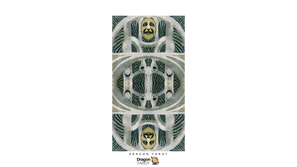 A vertical three-panel tarot card design featuring a stylized green and gold dragon face motif, shown on a white background with Dragon Tarot branding and a Facebook icon.