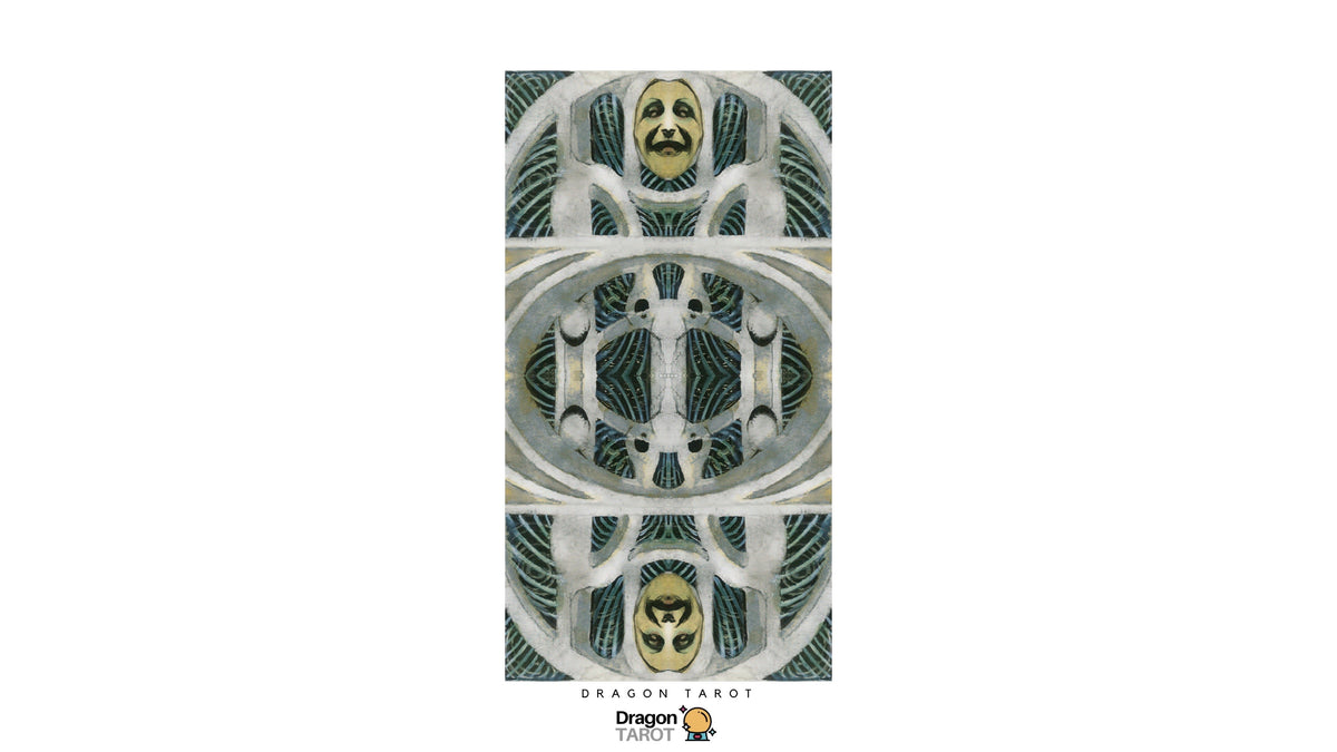 A vertical three-panel tarot card design featuring a stylized green and gold dragon face motif, shown on a white background with Dragon Tarot branding and a Facebook icon.