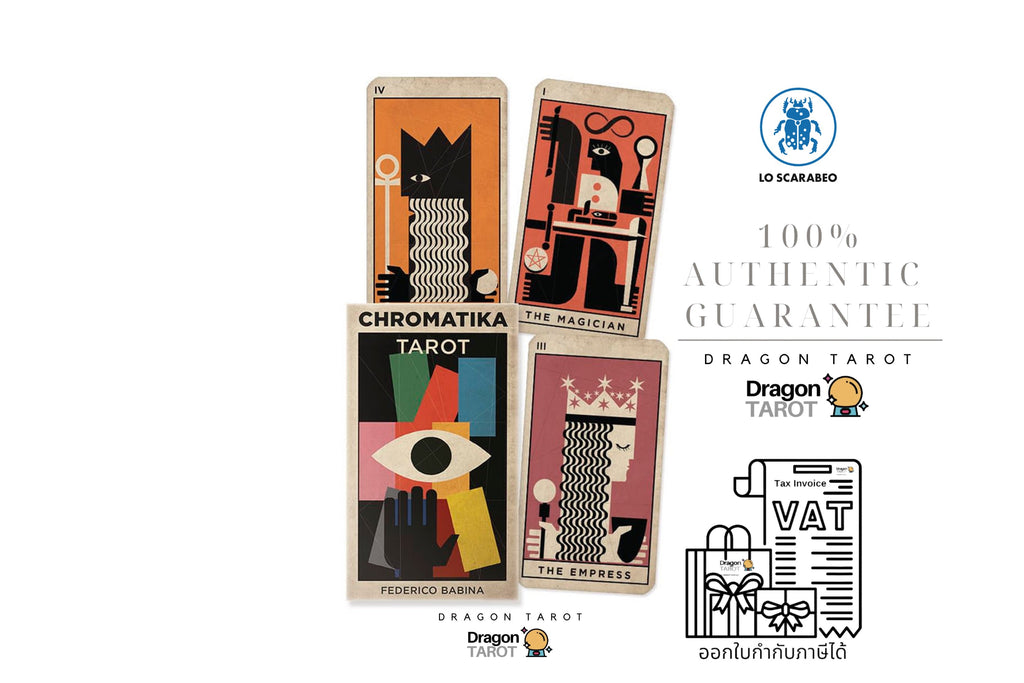 Four illustrated tarot cards from Dragon Tarot are centered on a white background with promotional text and logos, including '100% Authentic Guarantee,' 'Dragon Tarot,' and a 'VAT' receipt graphic.