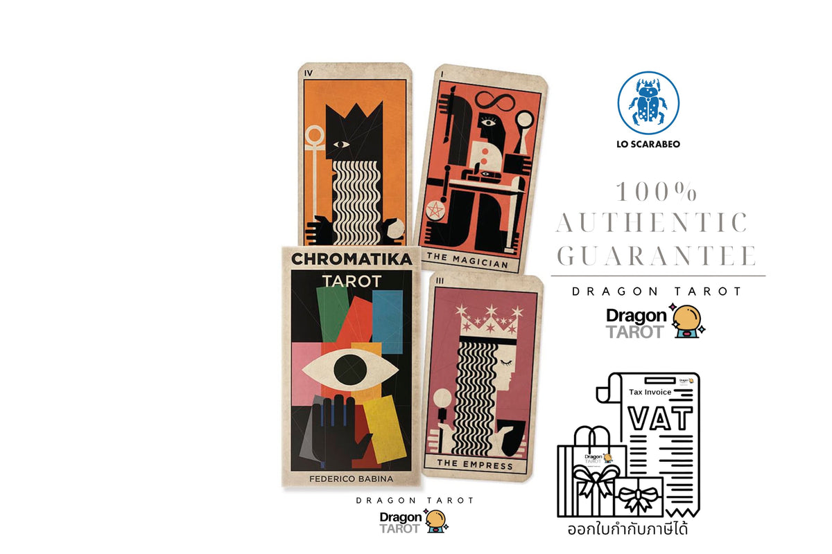 Four illustrated tarot cards from Dragon Tarot are centered on a white background with promotional text and logos, including '100% Authentic Guarantee,' 'Dragon Tarot,' and a 'VAT' receipt graphic.