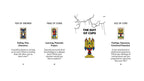 A flat lay of a book or booklet spread showing four tarot card illustrations and titles: Ten of Swords, Page of Coins, The Suit of Cups, and Ace of Cups, with short descriptive text beneath each.