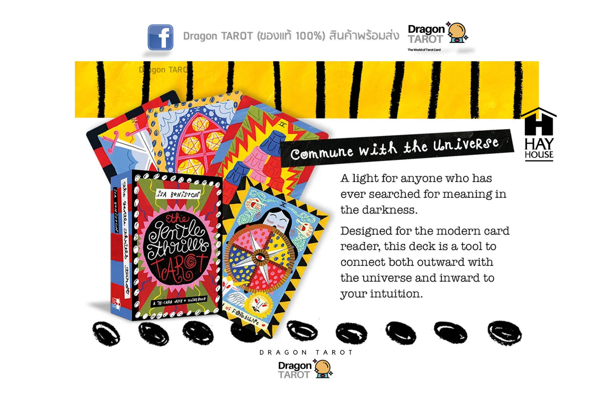 Dragon Tarot deck packaging and several illustrated cards displayed on a white background with descriptive text and small black tarot symbols. The Hay House logo is visible on the right side.