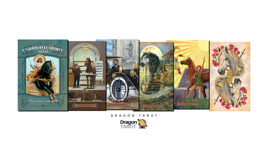 Six illustrated tarot card boxes or cards arranged in a row on a white background, with the text 'DRAGON TAROT' and a Dragon Tarot logo below. The artwork shows horses, a chariot scene, and ornate fantasy-style illustrations in muted teal, brown, cream, and gold tones.