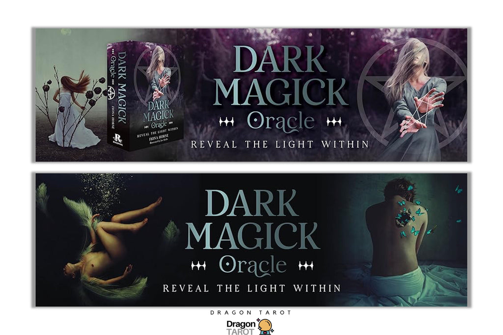 Two horizontal promotional banners for the Dark Magick Oracle tarot deck, featuring gothic artwork of a woman in a star pentagram, a tarot card illustration, and the product box, with the Dragon Tarot logo at the bottom.