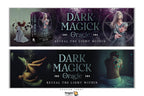 Two horizontal promotional banners for the Dark Magick Oracle tarot deck, featuring gothic artwork of a woman in a star pentagram, a tarot card illustration, and the product box, with the Dragon Tarot logo at the bottom.