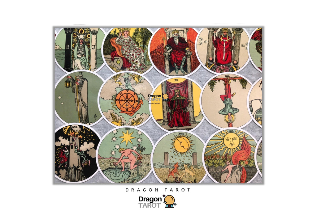 A collage of circular tarot card illustrations with dragon-themed artwork, shown on a white background with Dragon Tarot branding at the top and bottom.