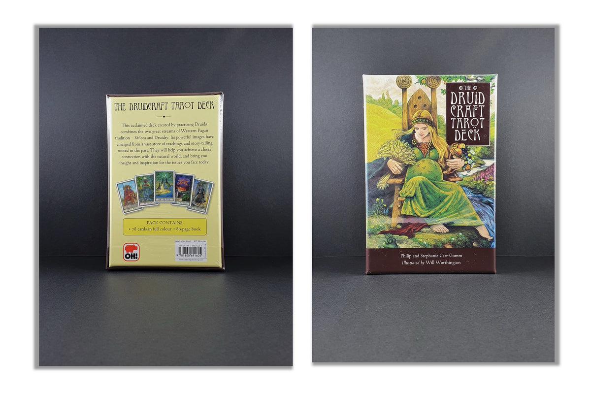 Two views of The Atrioxion's Tiny Tarot Deck box on a dark gray background, showing the back of the box on the left and the front of the box on the right. The front features fantasy-style artwork of a woman in a green dress.