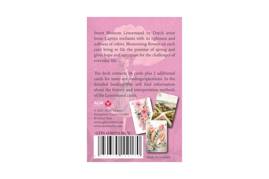 Back cover of the 'Sweet Blossom Lenormand' card deck booklet by ACM, featuring a pink background with product description text, a barcode, and small previews of the illustrated cards.