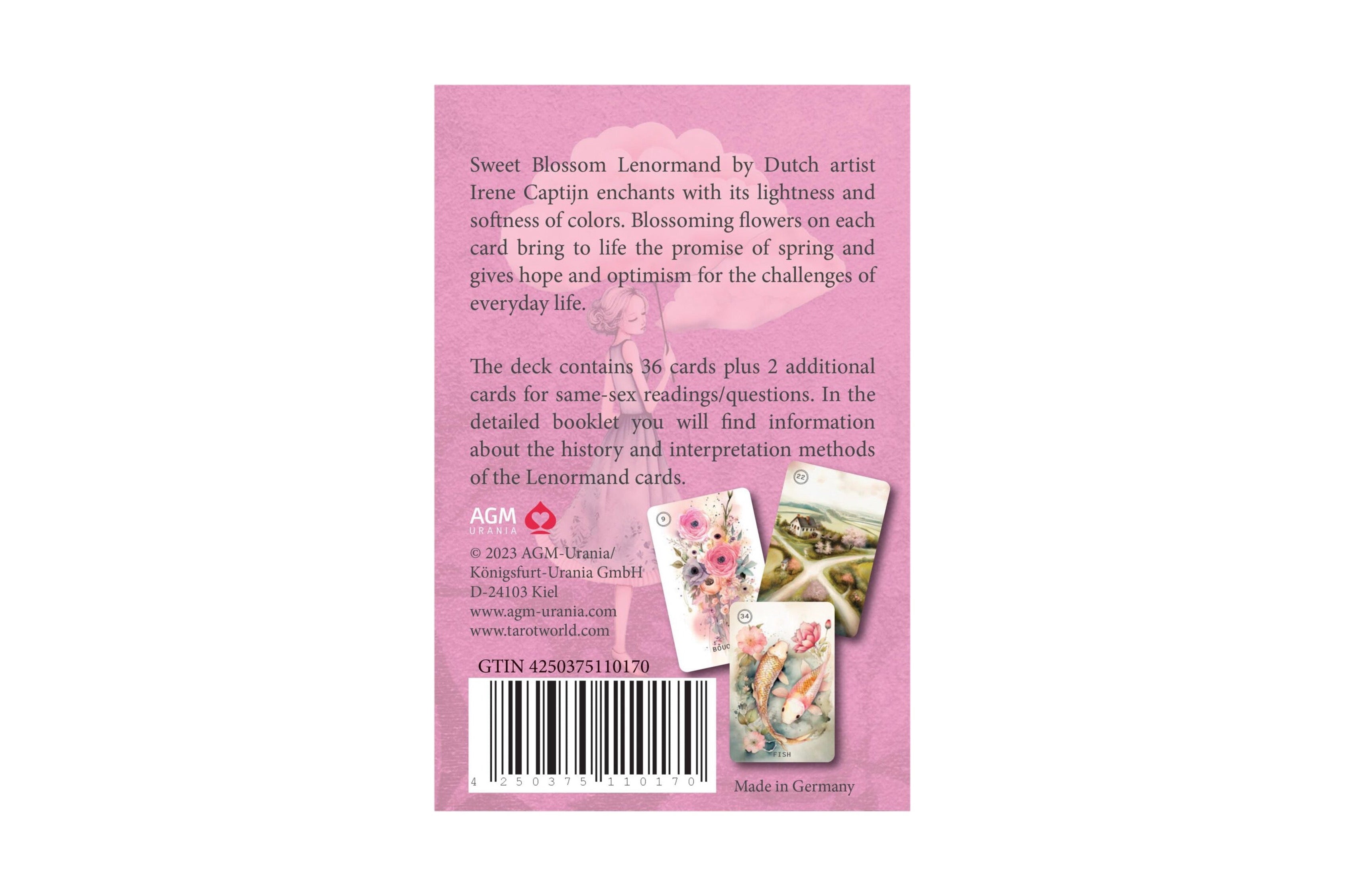 Back cover of the 'Sweet Blossom Lenormand' card deck booklet by ACM, featuring a pink background with product description text, a barcode, and small previews of the illustrated cards.
