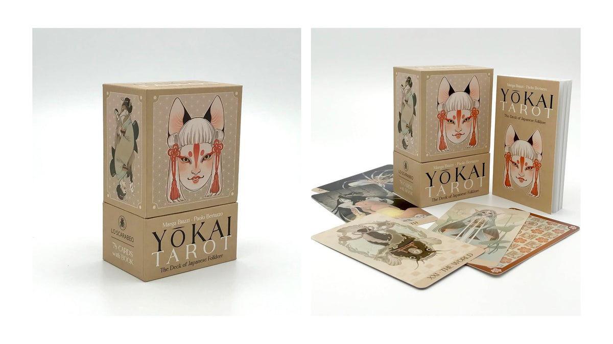 Yokai Tarot deck shown in a clean studio-style composite with the box stacked on top and several illustrated tarot cards fanned out beside it. The packaging features a tan background with a stylized fox-like face illustration and the title 'YOKAI TAROT' prominently visible.