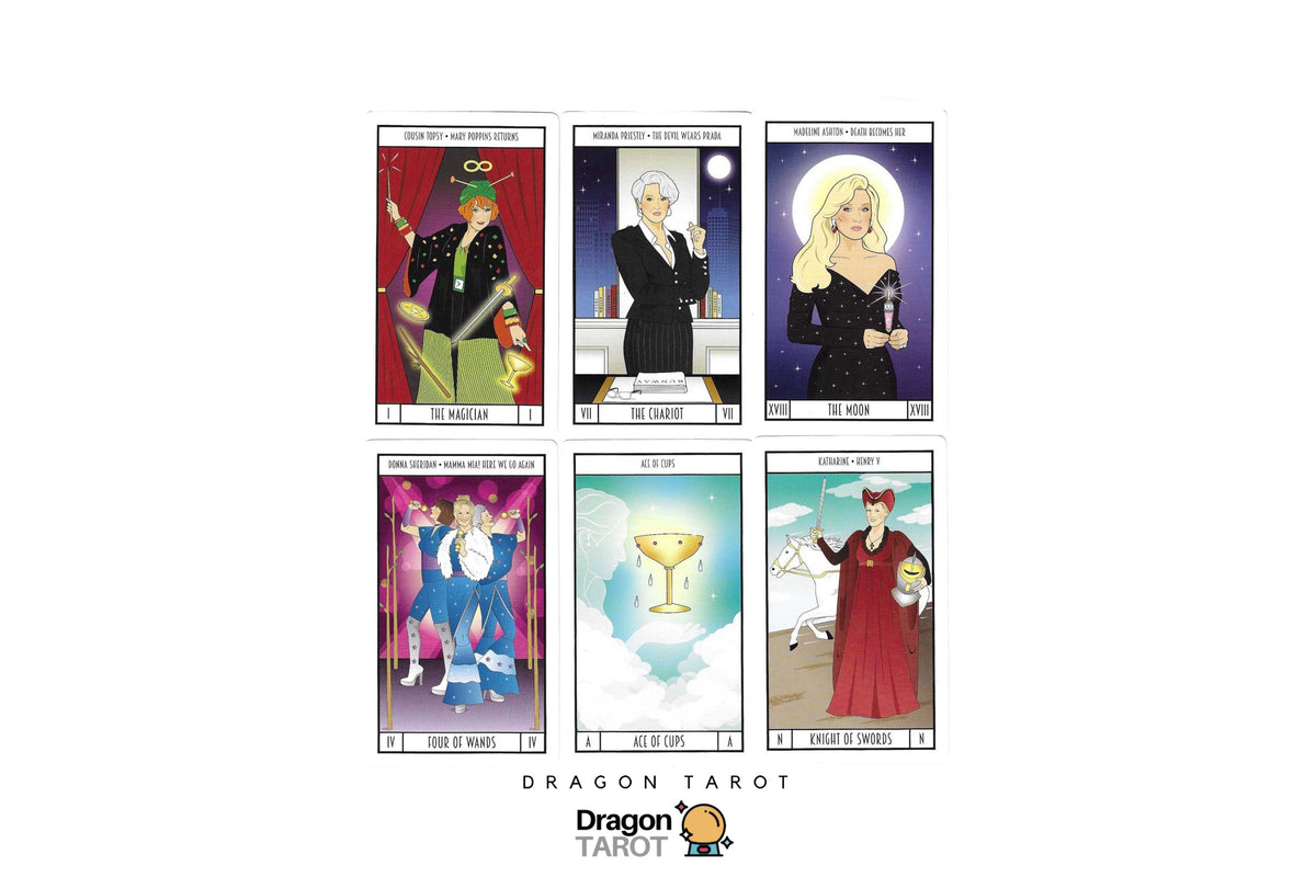 A promotional graphic for Dragon Tarot, showing six illustrated tarot card designs arranged in two columns on a white background, with the Dragon Tarot logo at the top and bottom.