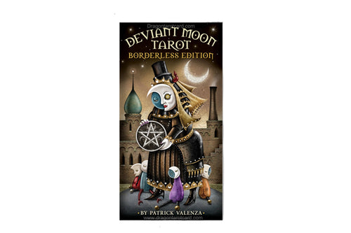 Front cover of the Deviant Moon Tarot: Borderless Edition card deck, shown vertically on a white background with social media and brand badges to the right.