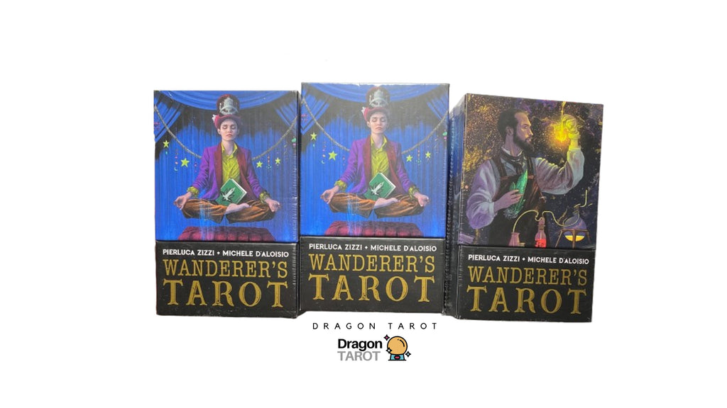 Three copies of the 'Wanderer's Tarot' deck by Pierluca 2021 and Michele Dalolo, displayed side-by-side on a white background with Dragon Tarot branding and a Facebook icon at the top.