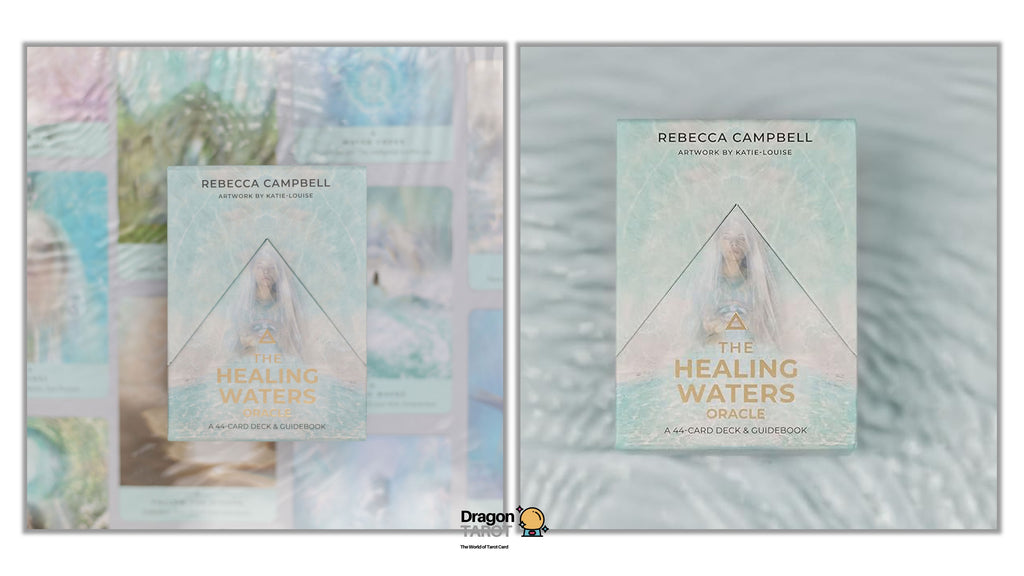 Two book covers for 'The Healing Waters Craze' by Rebecca Campbell are shown side by side against a soft, watercolor-style background. The cover design features a light blue and white aesthetic with a central geometric triangle and gold text.
