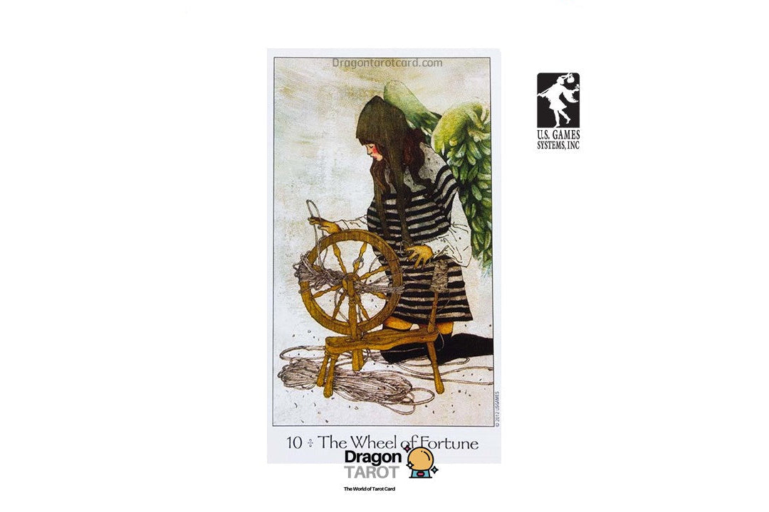 A tarot card illustration for '10 The Wheel of Fortune' from the Dragon Tarot deck, featuring a woman spinning a wheel with green leaves and a black-and-white striped dress. The card is centered on a white background with Dragon Tarot branding and a Clumsy Icon Inc.