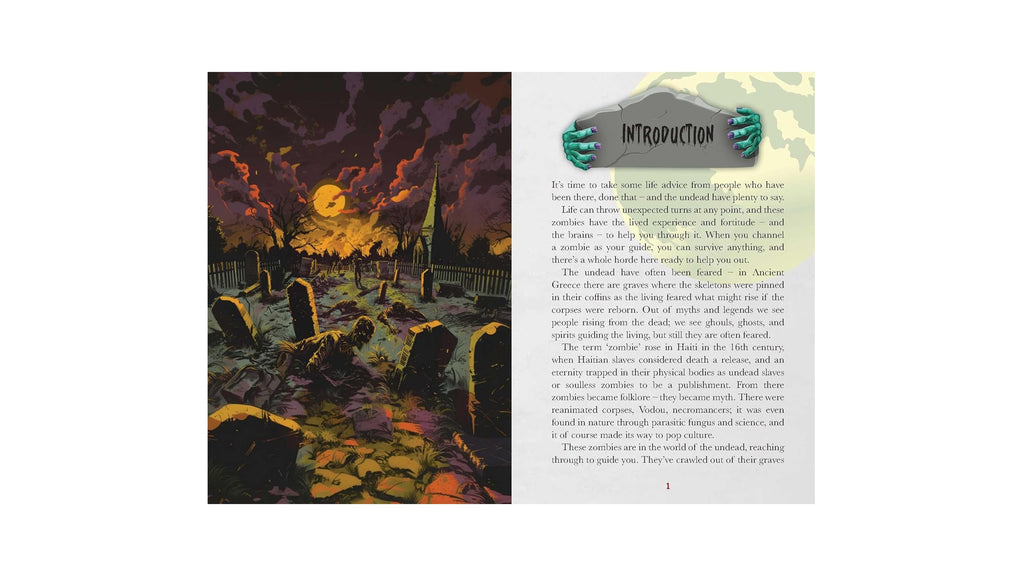 An open book spread showing a dark illustrated cover on the left and an introduction page on the right with the title 'INTRODUCTION' and a small green illustration at the top.