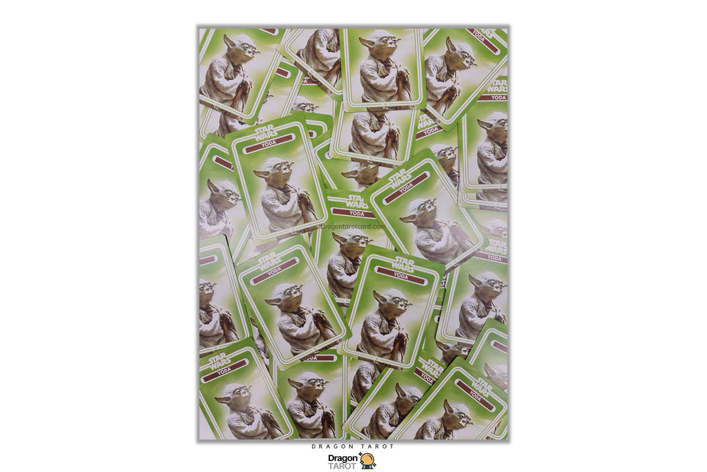 A vertical poster or print featuring a repeating collage pattern of small Yoda character cards on a white background, with a thin dark border and a small Dragon's Gate logo at the bottom.