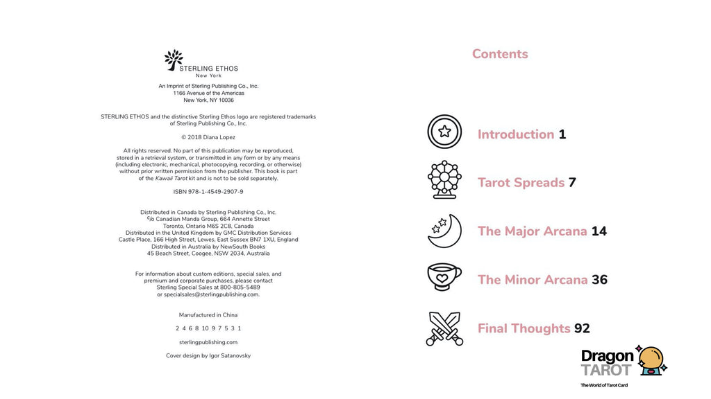 The front and back covers of the 'Sterling Ethos' Tarot Deck booklet, showing the title page on the left and the table of contents on the right.
