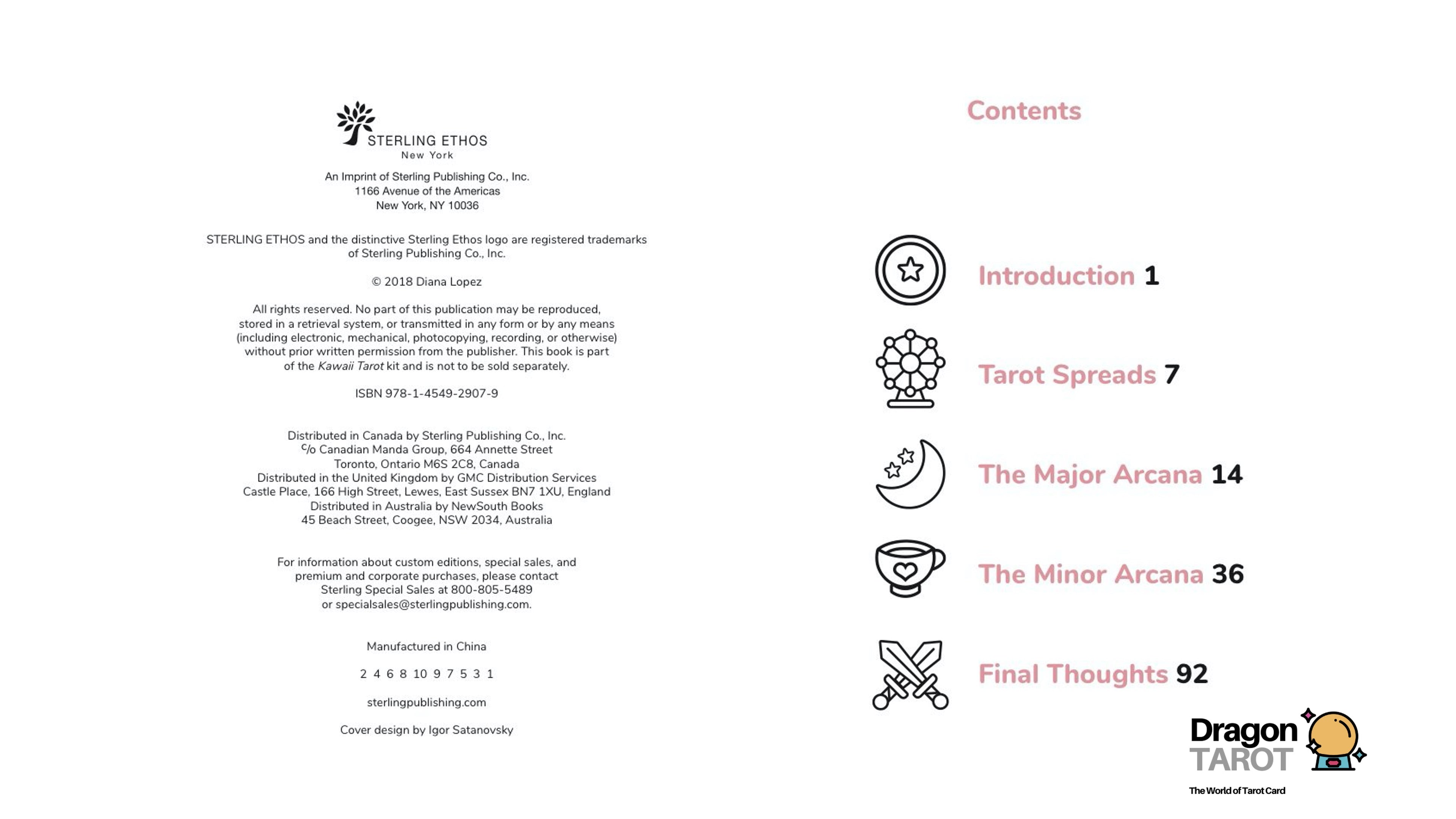 The front and back covers of the 'Sterling Ethos' Tarot Deck booklet, showing the title page on the left and the table of contents on the right.