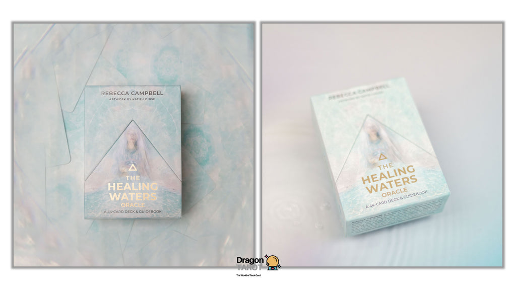 Two views of the 'The Healing Waters' oracle card deck box by Rebecca Campbell, displayed side-by-side on a light, textured background.