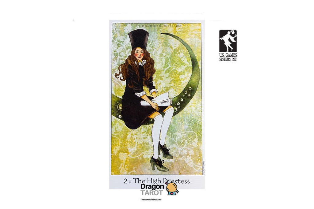 A tarot card product centered on a white background, featuring the '2 of The High Priestess' card design. The card shows a woman in a black dress and top hat sitting on a crescent moon over a yellow-green ornate background.