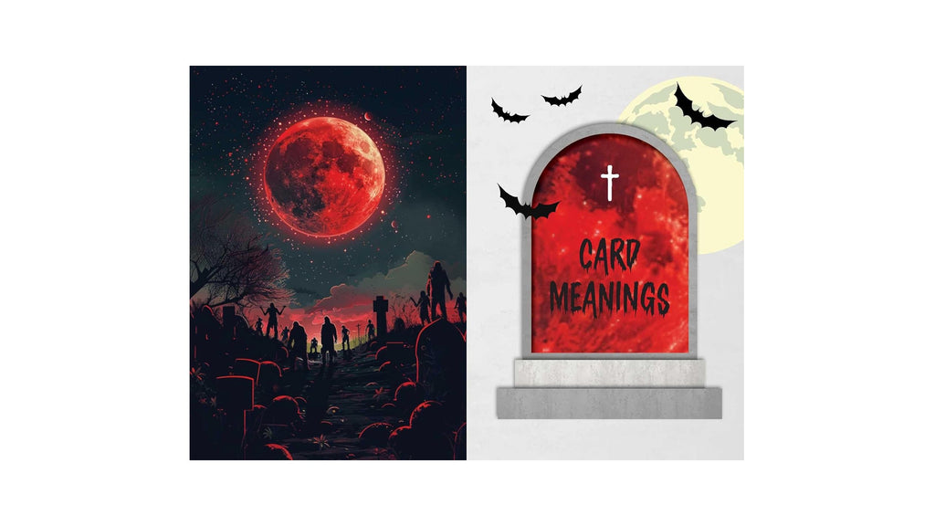 A Halloween-themed card design shown in two panels: the left panel features a dark spooky landscape with a large red moon, silhouetted tombstones, and figures; the right panel shows a tombstone with a cross and the words 'CARD MEANINGS' on a red background, with bats and a pale moon behind it.