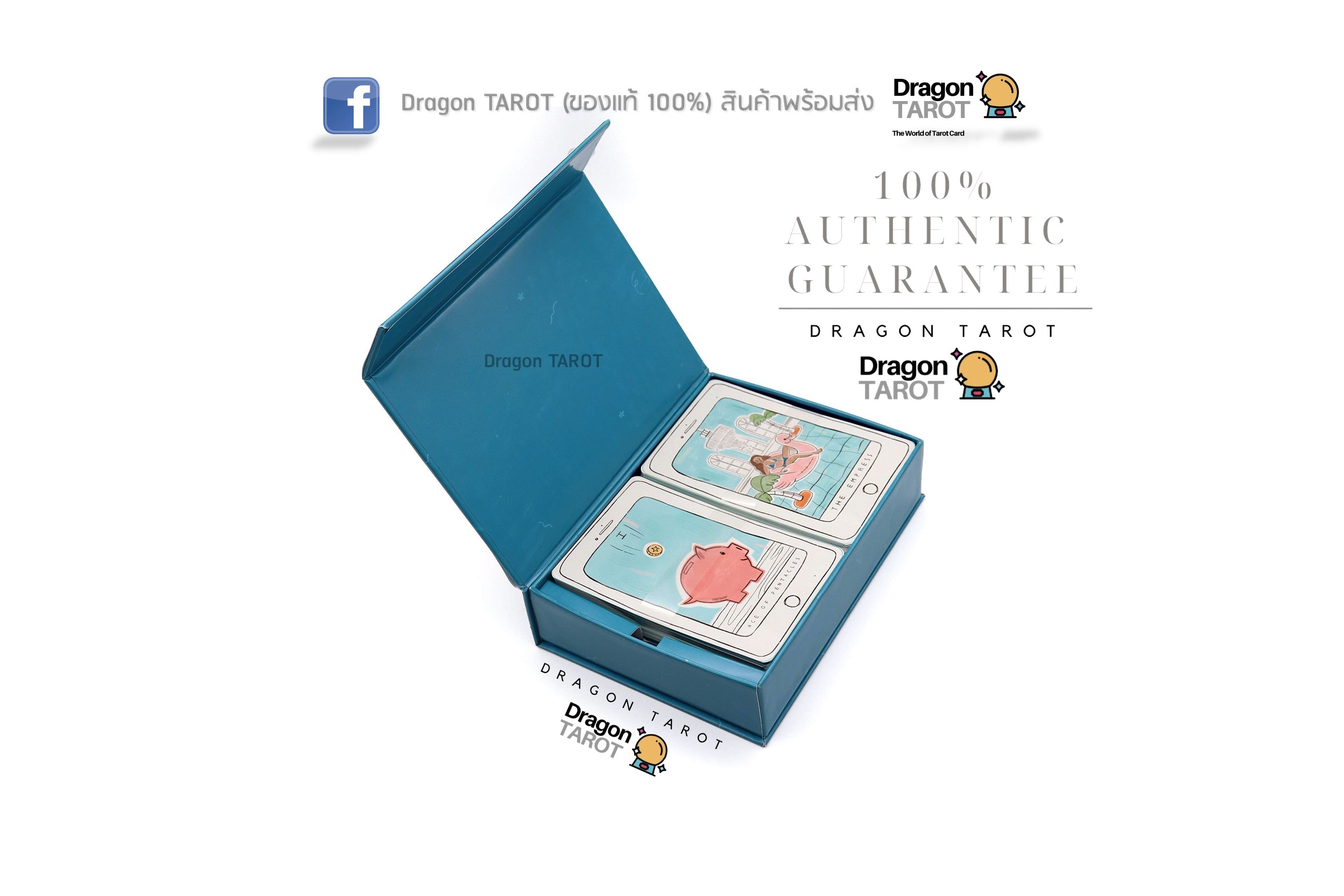 An open blue Dragon Tarot deck box showing two illustrated tarot cards inside, with promotional text and Dragon Tarot logos on a white background.
