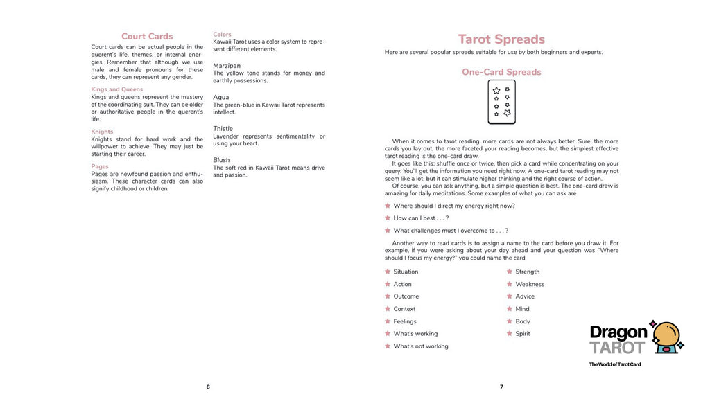 A printed or digital page from Dragon TAROT: The Official Tarot Standard, showing card definitions on the left and tarot spreads instructions on the right, with the Dragon TAROT logo at the bottom.