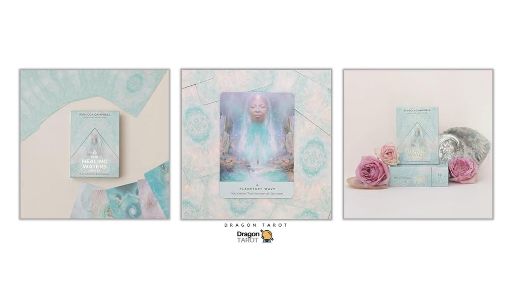 A collage showing three views of a Dragon Tarot deck: the card box, the card pack with a central illustrated card, and the deck box styled with pink roses and crystals. The overall design uses soft pastel blue, beige, and white tones, with the Dragon Tarot brand logo and a Facebook icon visible at the top.