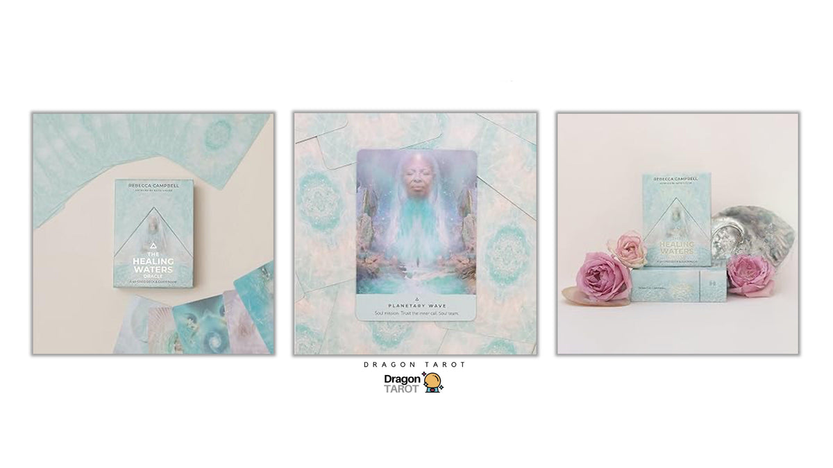 A collage showing three views of a Dragon Tarot deck: the card box, the card pack with a central illustrated card, and the deck box styled with pink roses and crystals. The overall design uses soft pastel blue, beige, and white tones, with the Dragon Tarot brand logo and a Facebook icon visible at the top.