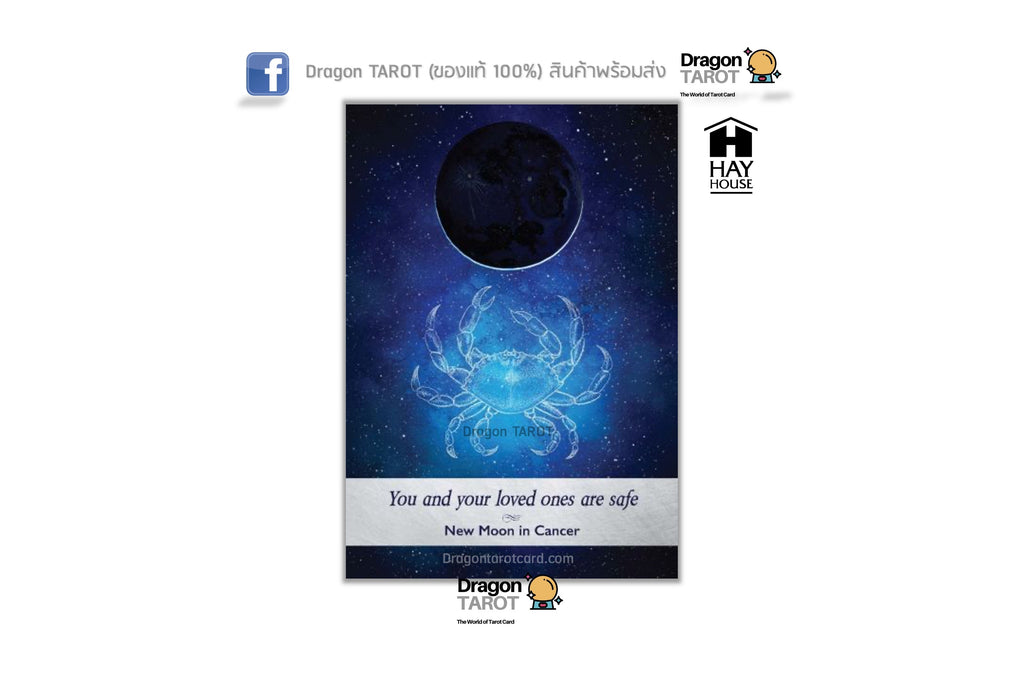A Dragon Tarot card titled 'New Moon in Cancer' featuring a dark blue cosmic background with a glowing blue crab and a black moon, shown on a white page with brand logos.