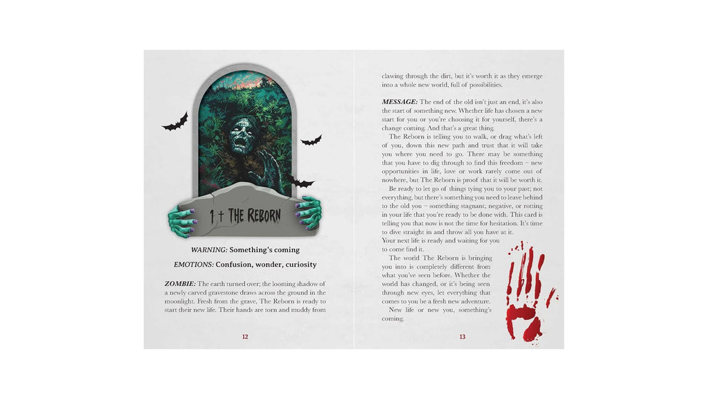 An open book spread showing a horror-themed message card with a tombstone illustration, bats, the text '1+1 THE REBORN,' warning and emotion labels, and a red handprint graphic on both pages.