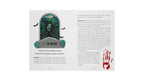 An open book spread showing a horror-themed message card with a tombstone illustration, bats, the text '1+1 THE REBORN,' warning and emotion labels, and a red handprint graphic on both pages.