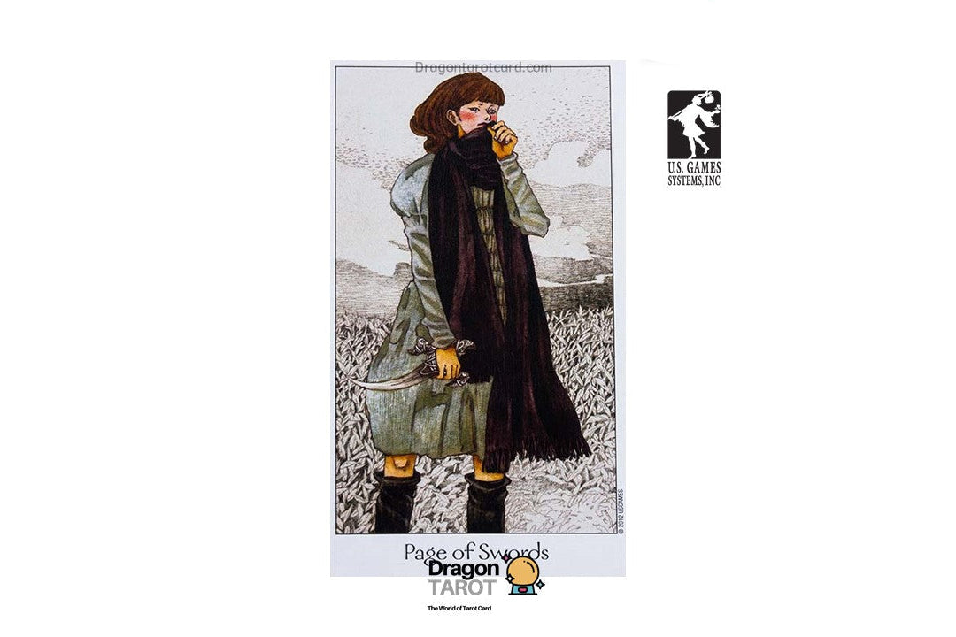 A tarot card product listing centered on a white background. The main item is a 'Page of Swords' tarot card featuring an illustrated woman in a long gray coat and dark scarf holding a sword.