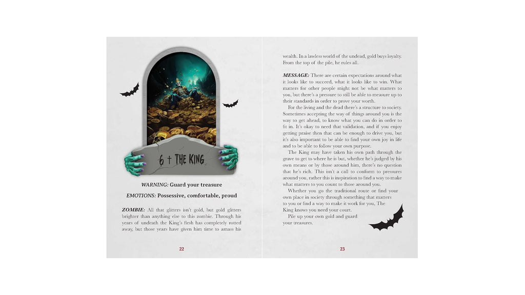 An open book spread showing a Halloween-themed poem titled '6 + 1 THE KING' with black text, a spooky illustrated archway scene with bats, and a hand reaching out from inside the archway.